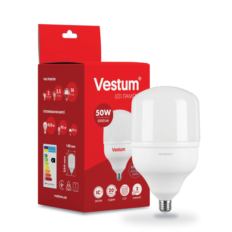 Світлодіодна лампа Vestum 50 Вт 6500К цоколь Е27 T140 холодне світло