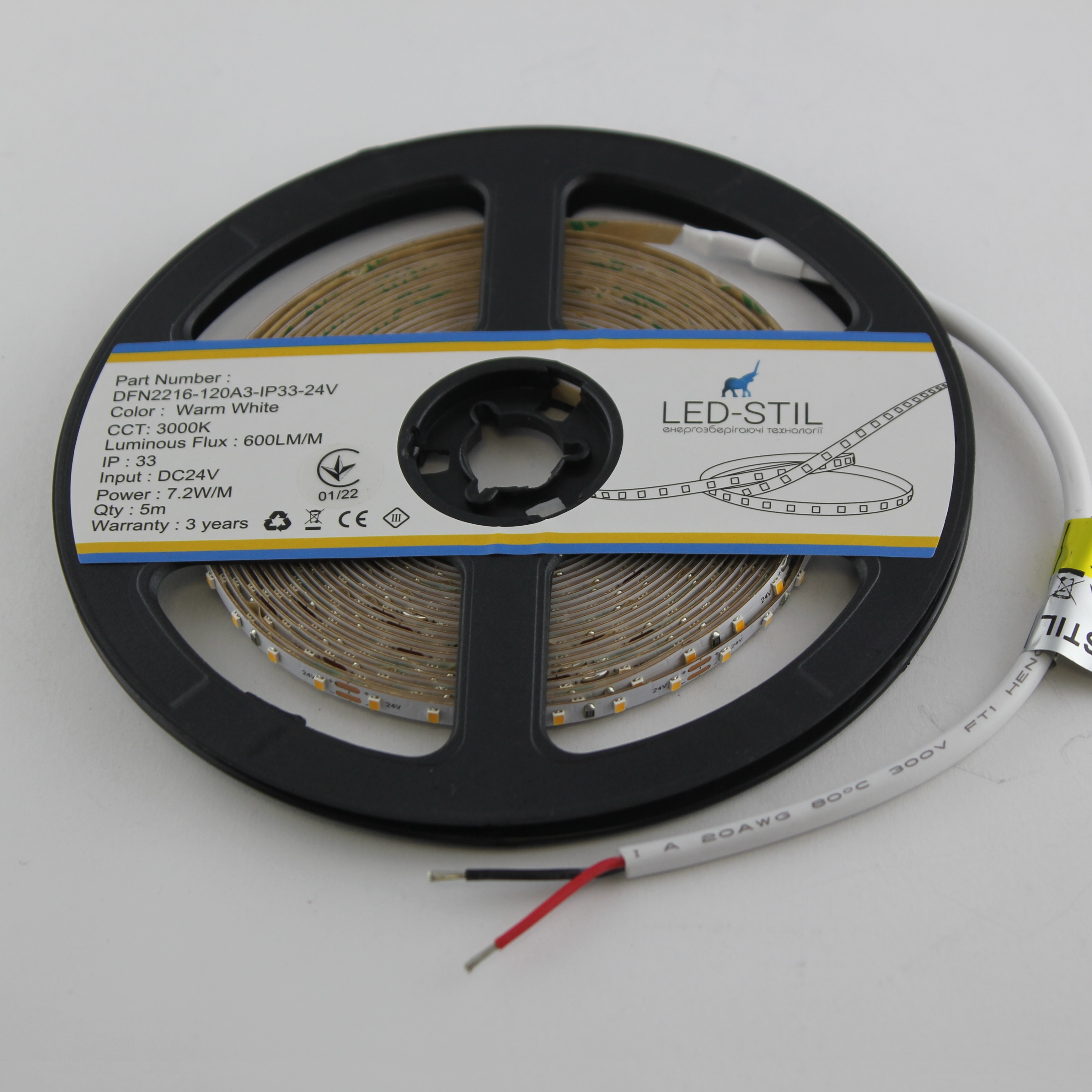 Світлодіодна стрічка LED-STIL 3000K 7,2 Вт/м 2216 120 діодів IP33 24 Вольти 600 lm тепле світло, ВУЗЬКА