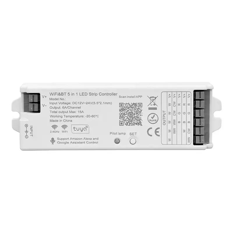 Універсальний контролер RGB+CCT, підтримка Wi-Fi + RF 2,4 GHz, 12-24В, 15А