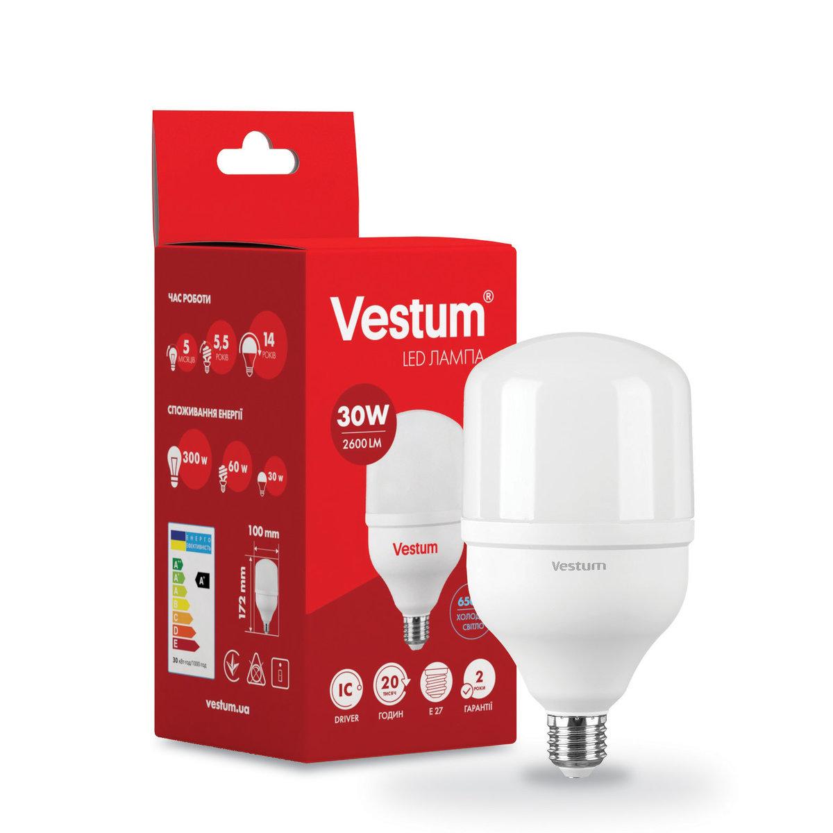 Світлодіодна лампа Vestum 30 Вт 6500К цоколь Е27 T100 холодне світло