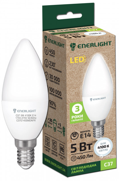 Cветодиодная лампа LED ENERLIGHT С37 5Вт 4100K E14