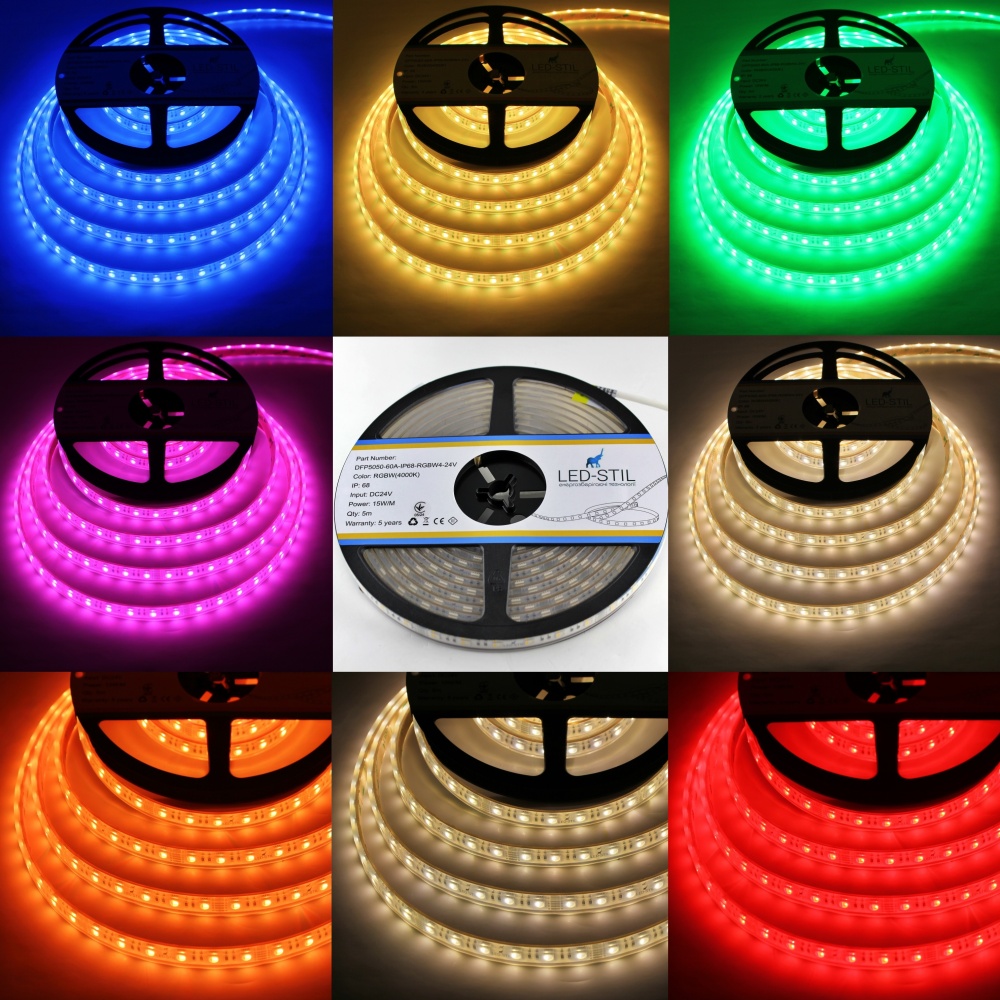 Світлодіодна стрічка LED-STIL RGB+W 4000K 15 Вт/м 5050 60 діодів IP68 24 Вольта різнокольорова