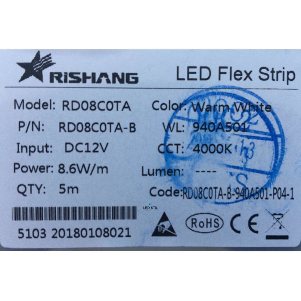 Світлодіодна стрічка RISHANG 4000K, 8,6 Вт/м, 2835, 120 діодів., IP33, 12V, 810 лм, нейтральне світло